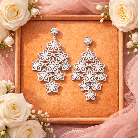 925 Sterling Silver Floral Chandelier – Elegant Flower Statement Drop Dangle Earrings for Women