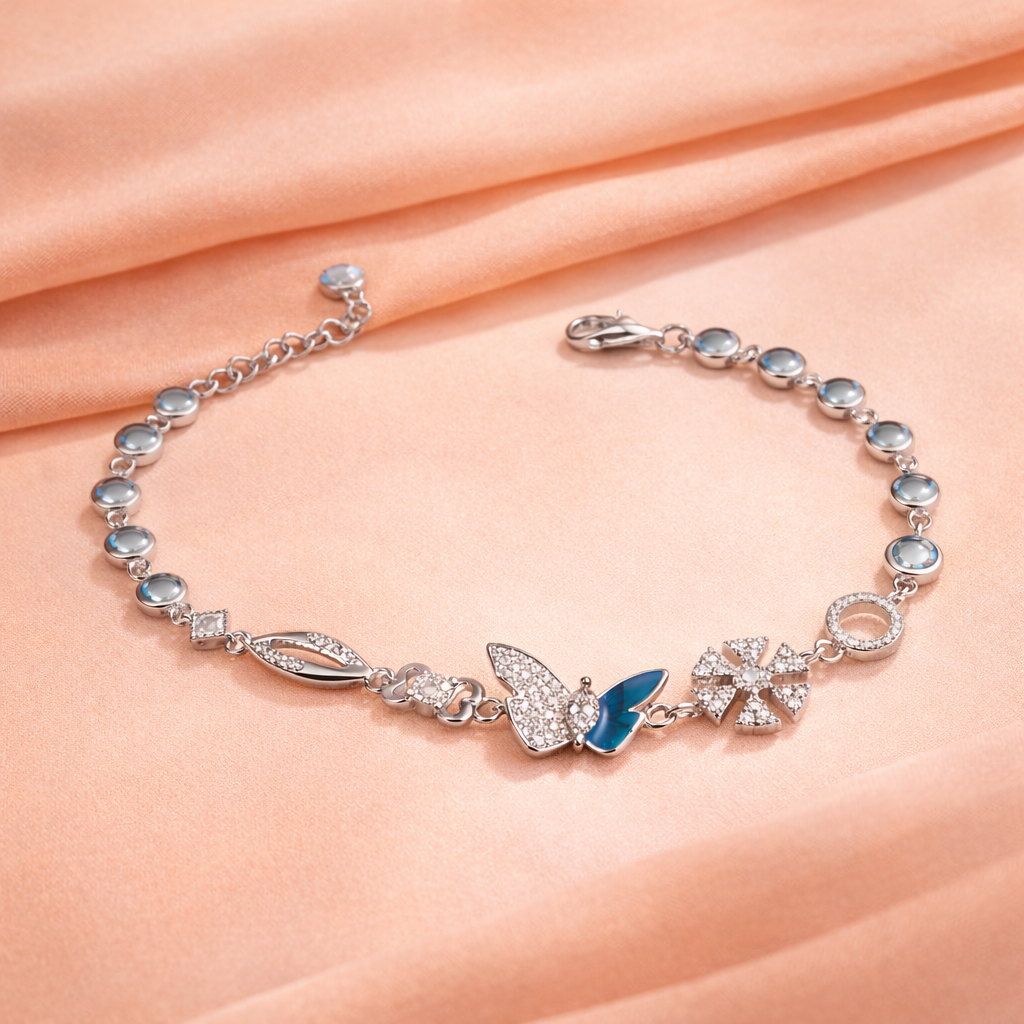 Sterling Silver Blue Butterfly Charm Bracelet | Floral Design – Adjustable