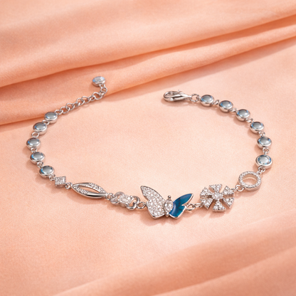 Sterling Silver Blue Butterfly Charm Bracelet | Floral Design – Adjustable
