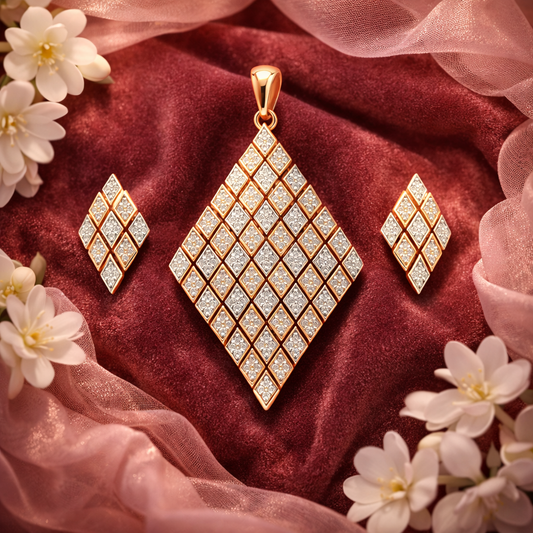 Diamond-shaped gold earrings with floral decorations on a red fabric background