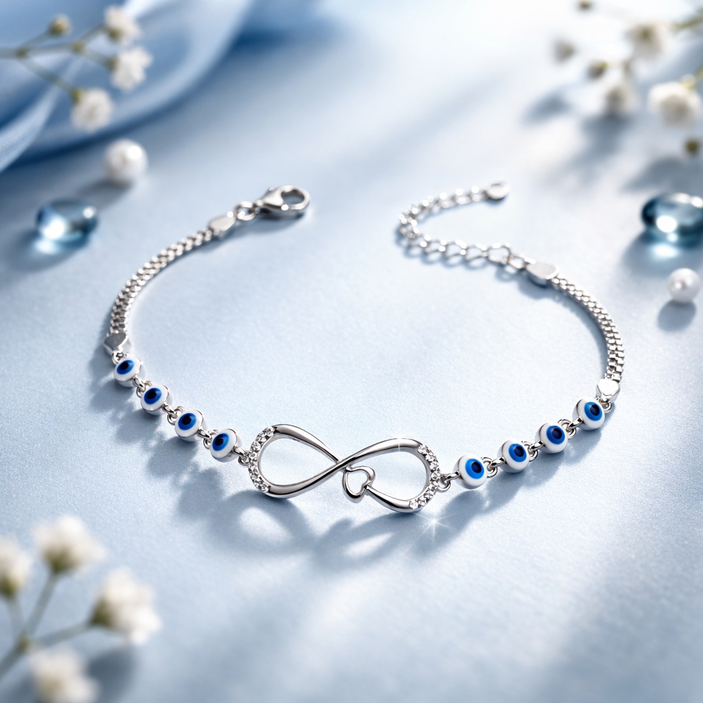 Sterling Silver Infinity Evil Eye Bracelet Adjustable for Women
