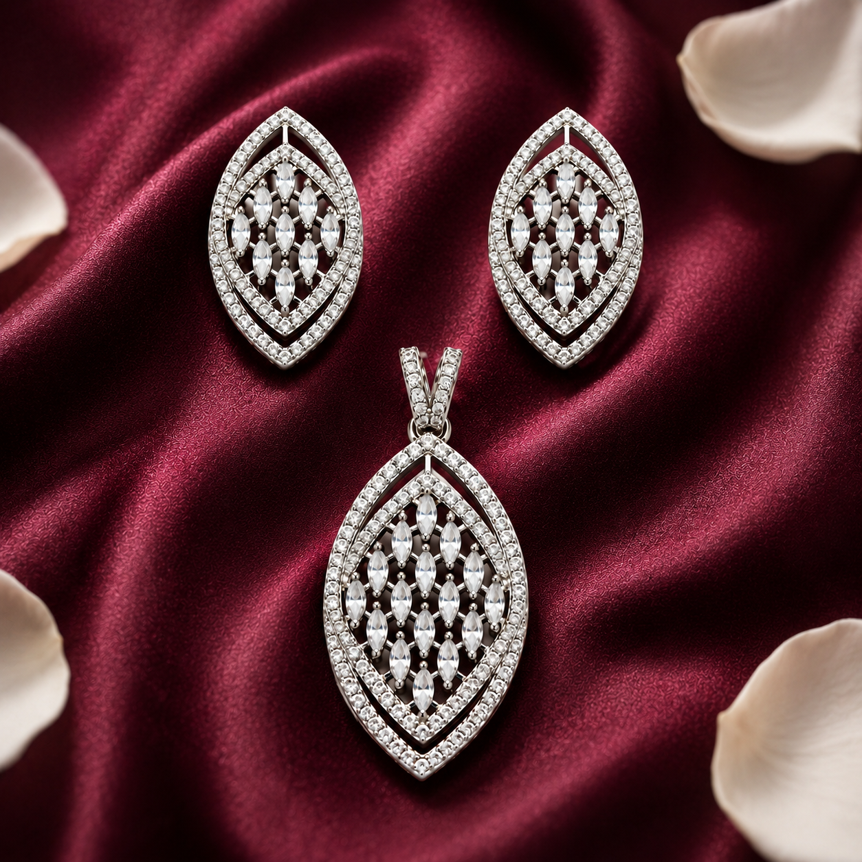 Elegant Silver Finish Leaf Design Pendant & Earrings Set with CZ Stones