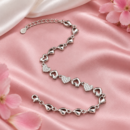 925 Sterling Silver Heart Link Bracelet | Pavé Cubic Zirconia Love Bracelet for Women