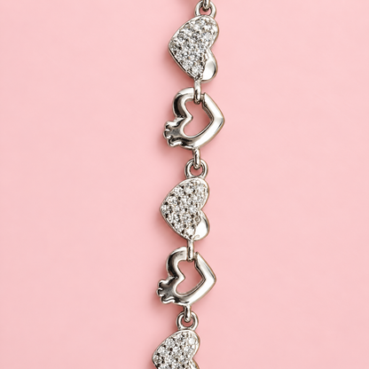 925 Sterling Silver Heart Link Bracelet | Pavé Cubic Zirconia Love Bracelet for Women