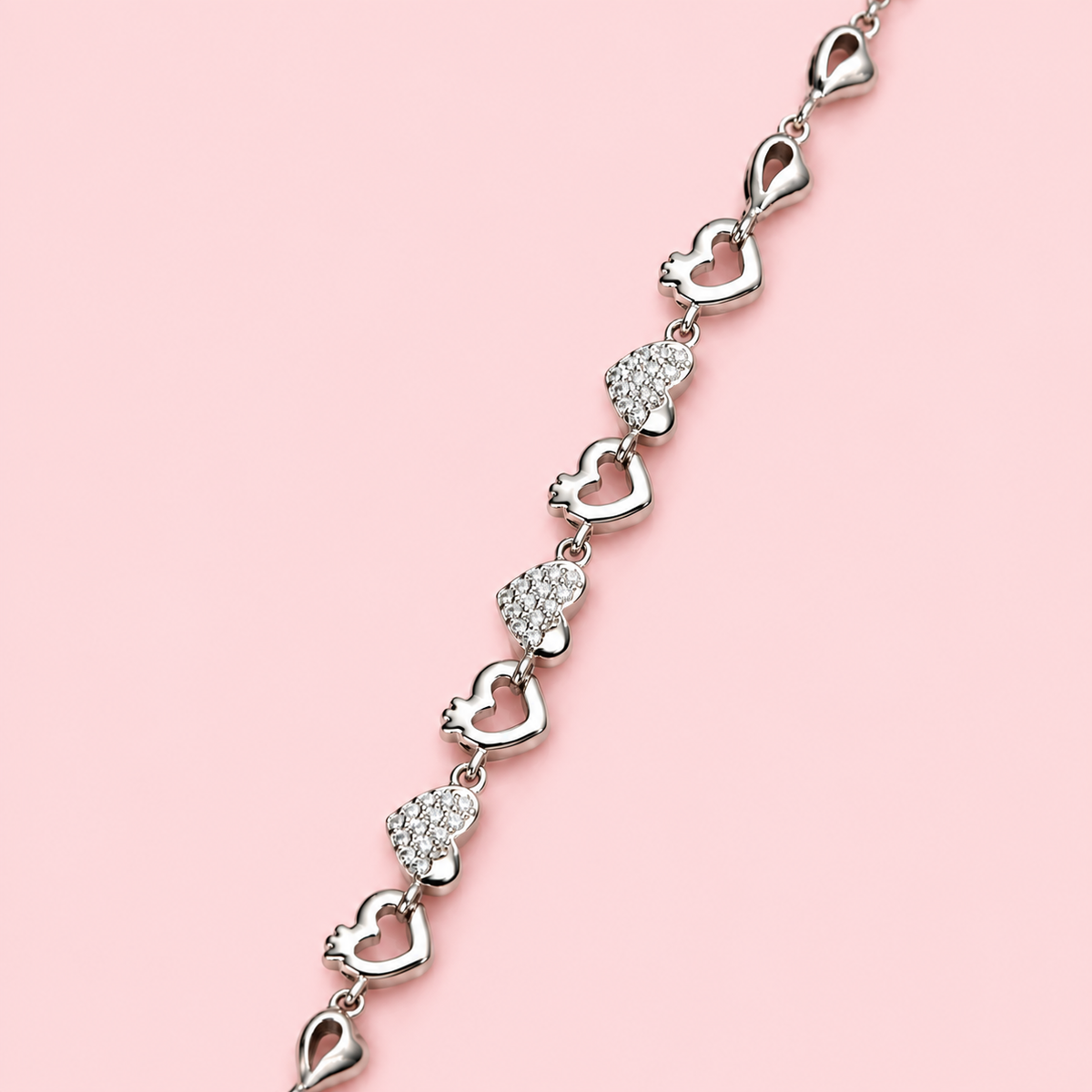 925 Sterling Silver Heart Link Bracelet | Pavé Cubic Zirconia Love Bracelet for Women