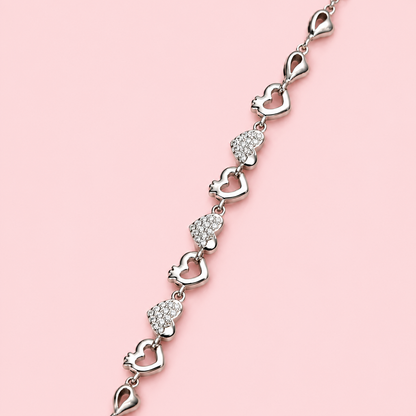 925 Sterling Silver Heart Link Bracelet | Pavé Cubic Zirconia Love Bracelet for Women