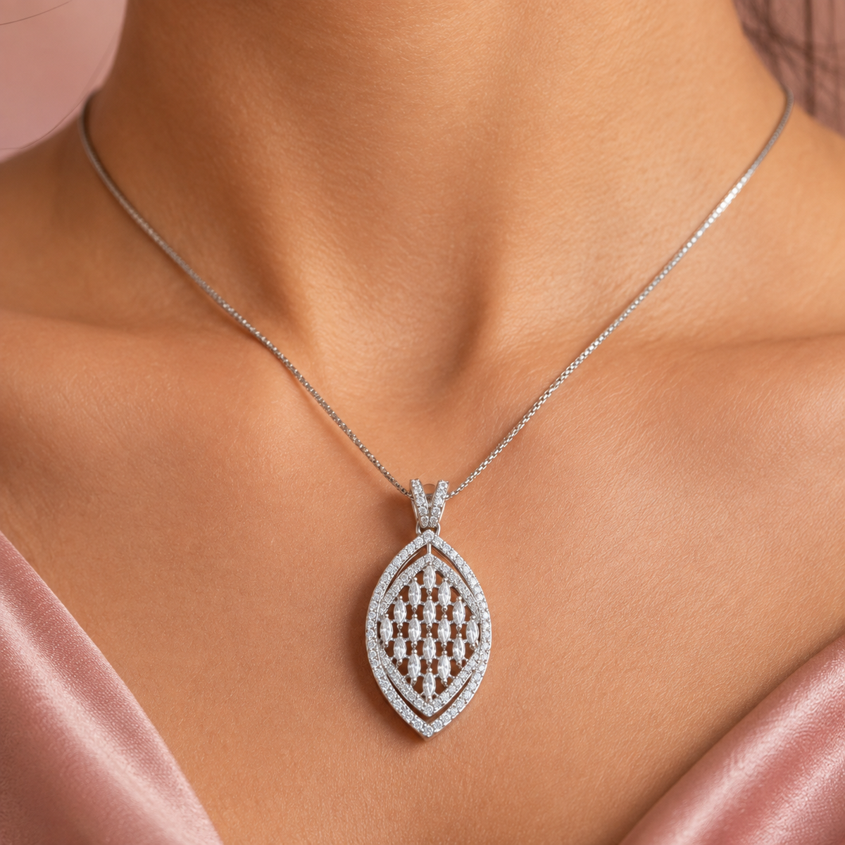 Elegant Silver Finish Leaf Design Pendant & Earrings Set with CZ Stones