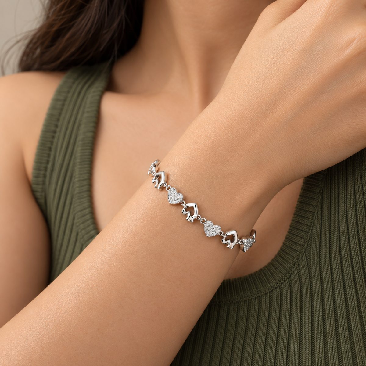 925 Sterling Silver Heart Link Bracelet | Pavé Cubic Zirconia Love Bracelet for Women