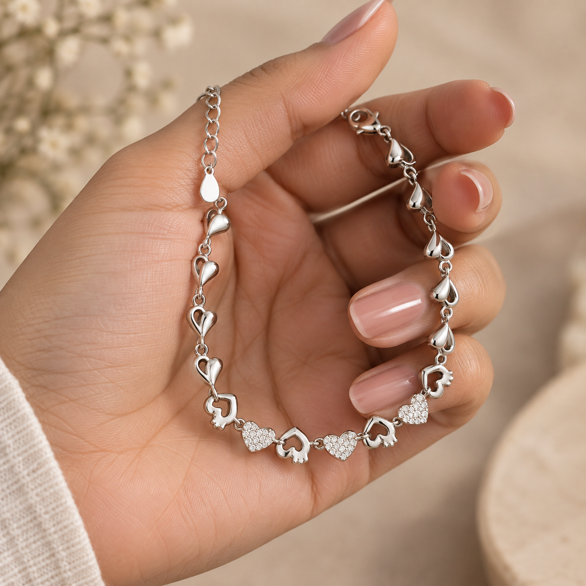 925 Sterling Silver Heart Link Bracelet | Pavé Cubic Zirconia Love Bracelet for Women
