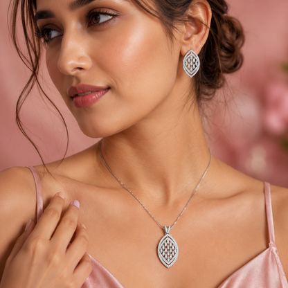 Elegant Silver Finish Leaf Design Pendant & Earrings Set with CZ Stones