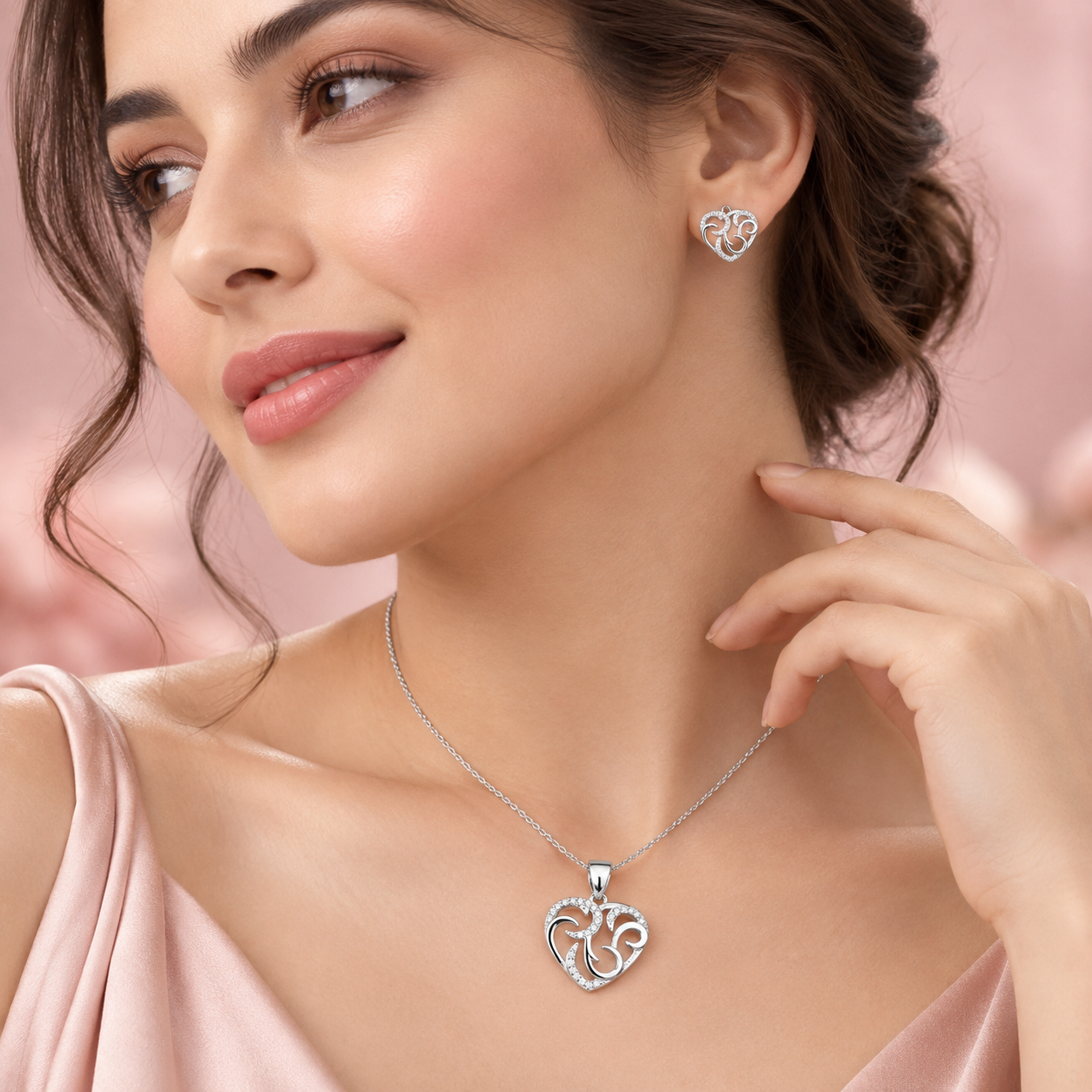 925 Sterling Silver Heart Pendant with Stud Earrings
