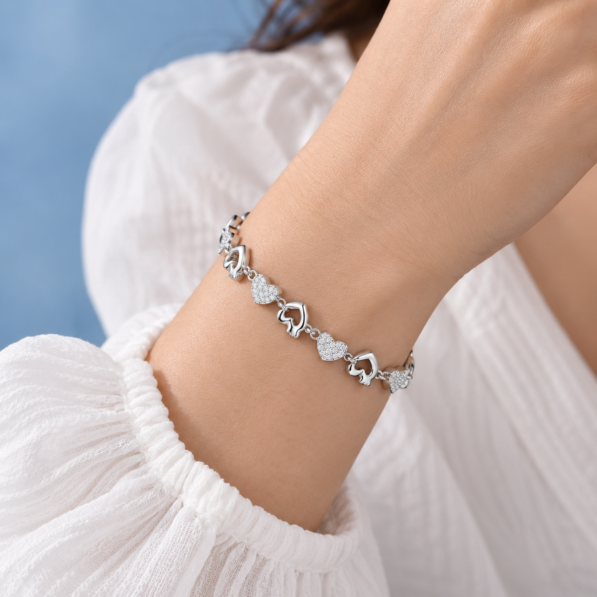925 Sterling Silver Heart Link Bracelet | Pavé Cubic Zirconia Love Bracelet for Women