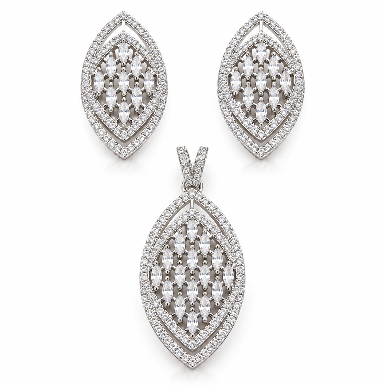 Elegant Silver Finish Leaf Design Pendant & Earrings Set with CZ Stones