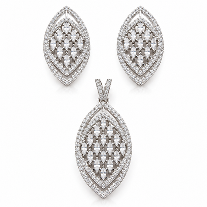 Elegant Silver Finish Leaf Design Pendant & Earrings Set with CZ Stones