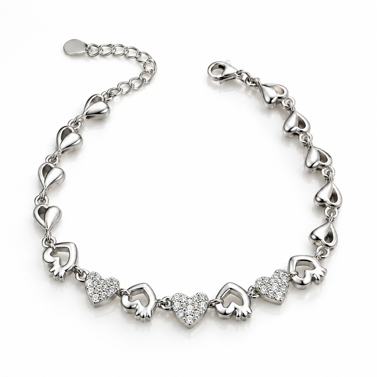 925 Sterling Silver Heart Link Bracelet | Pavé Cubic Zirconia Love Bracelet for Women