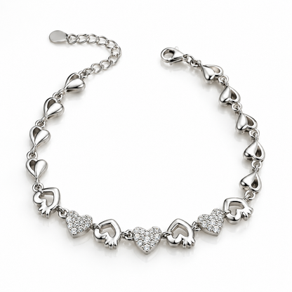 925 Sterling Silver Heart Link Bracelet | Pavé Cubic Zirconia Love Bracelet for Women