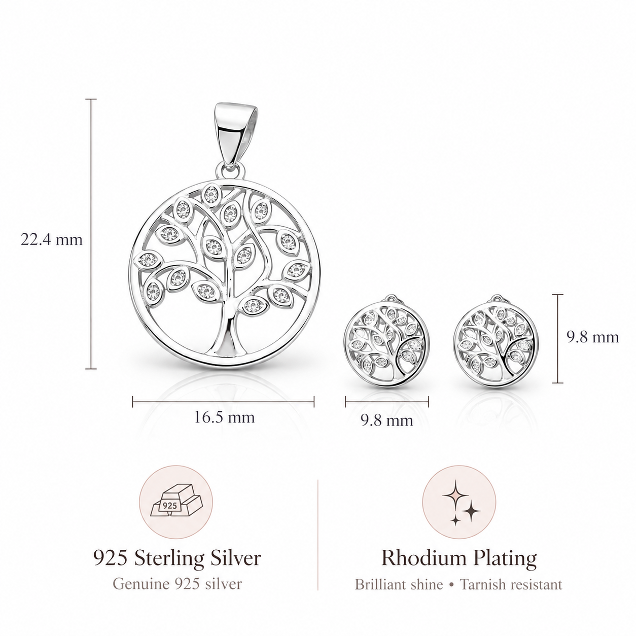925 Sterling Silver Tree of Life Pendant with Earrings