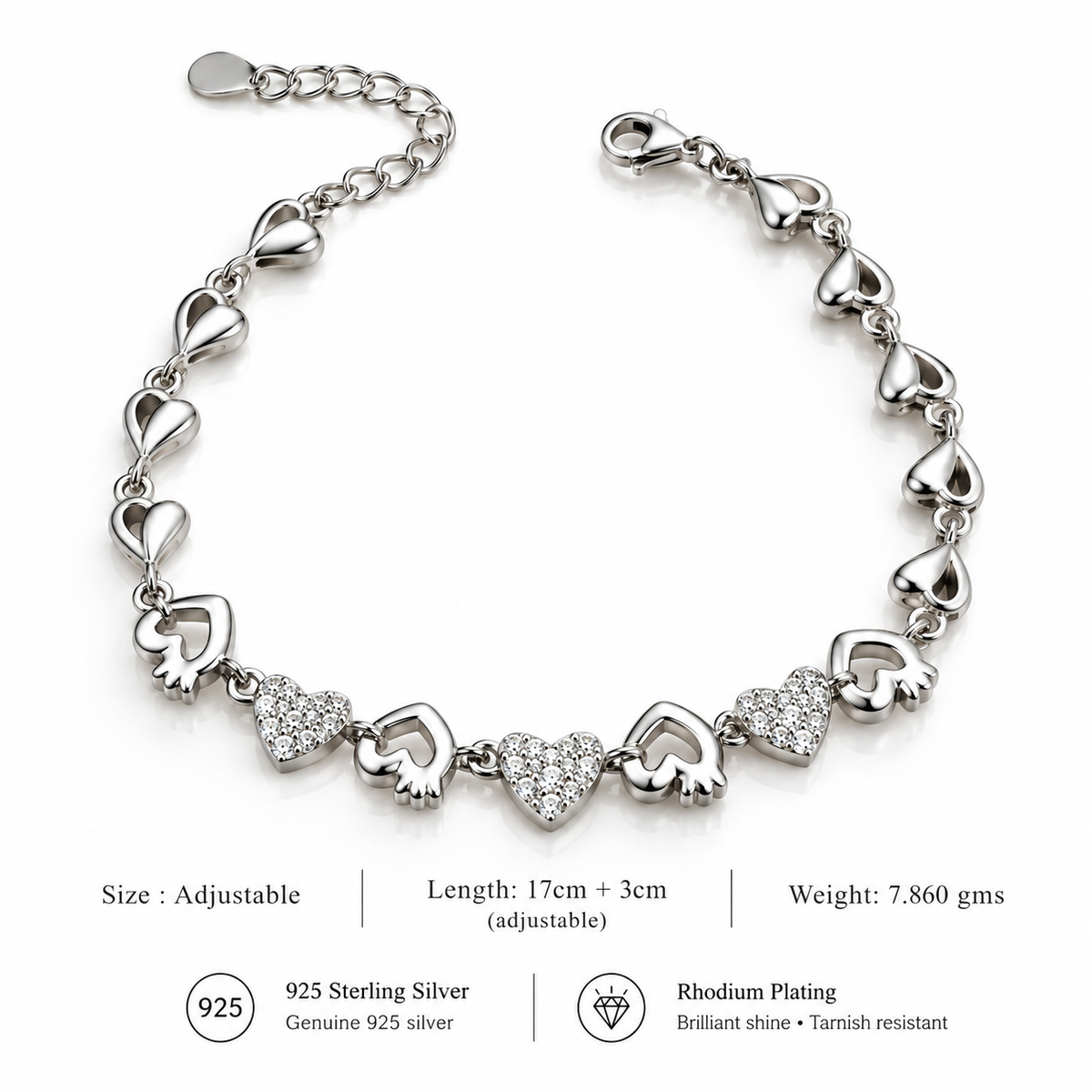 925 Sterling Silver Heart Link Bracelet | Pavé Cubic Zirconia Love Bracelet for Women