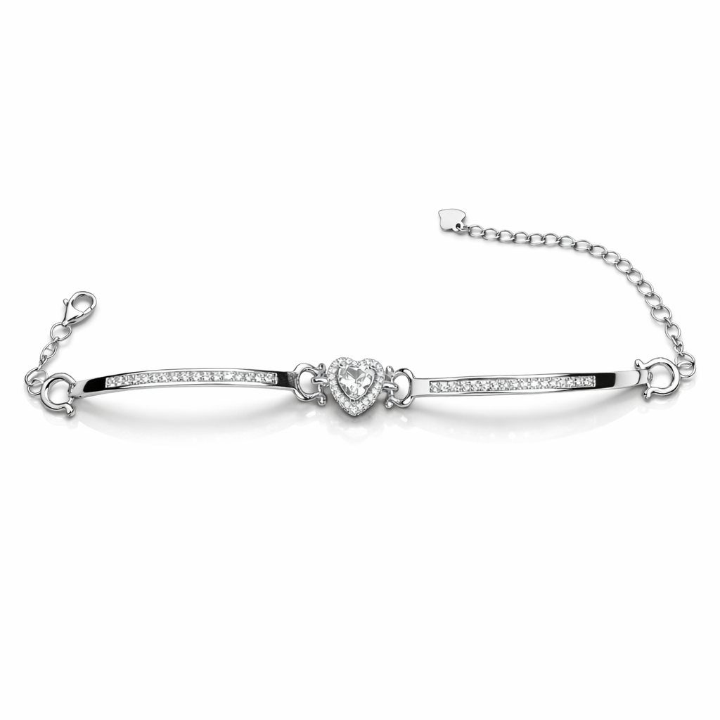 Elegant Heart Adjustable Sterling Silver Bracelet with Cubic Zirconia