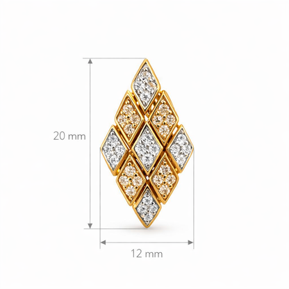 Gold and diamond earring with measurements on a white background