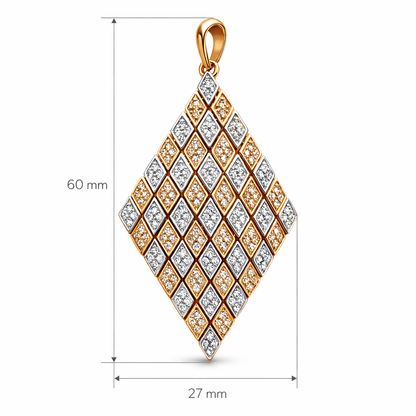 Gold and silver diamond-patterned pendant with measurements on a white background