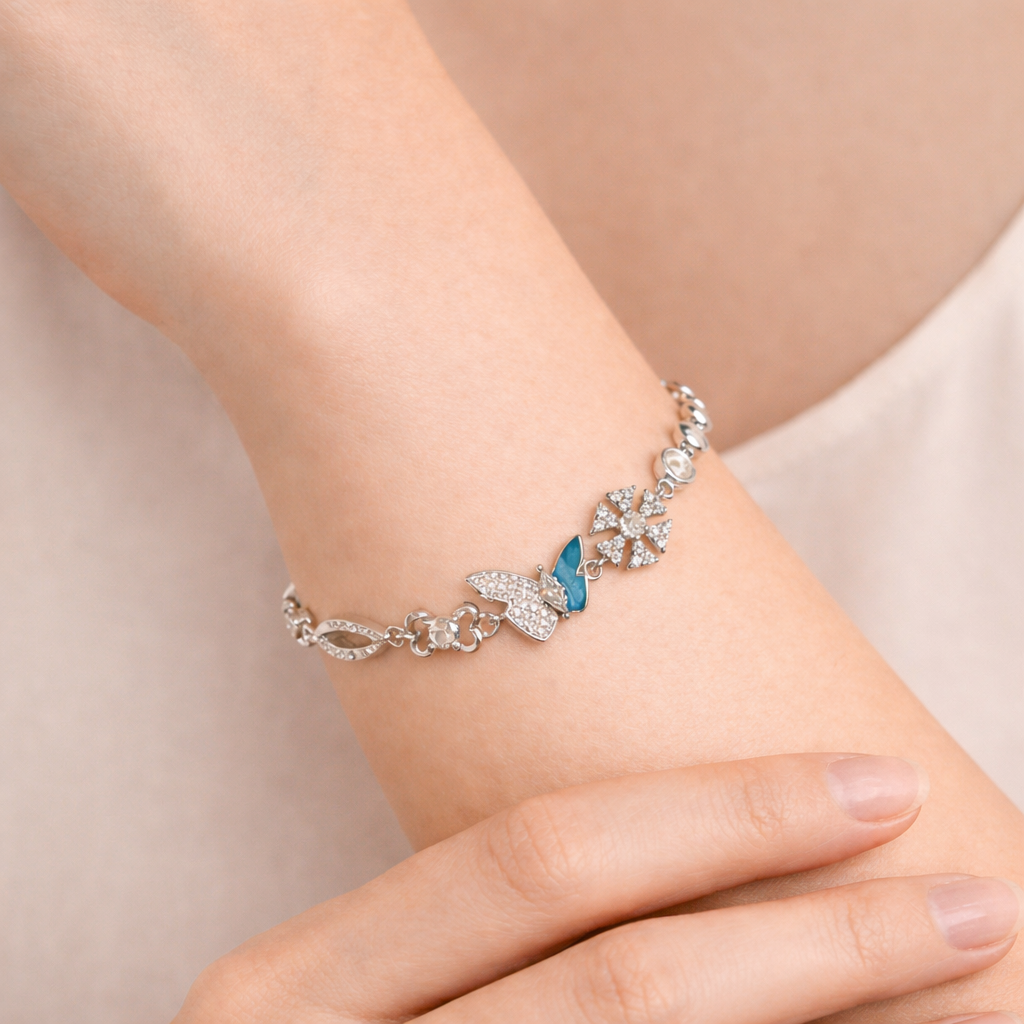 Sterling Silver Blue Butterfly Charm Bracelet | Floral Design – Adjustable