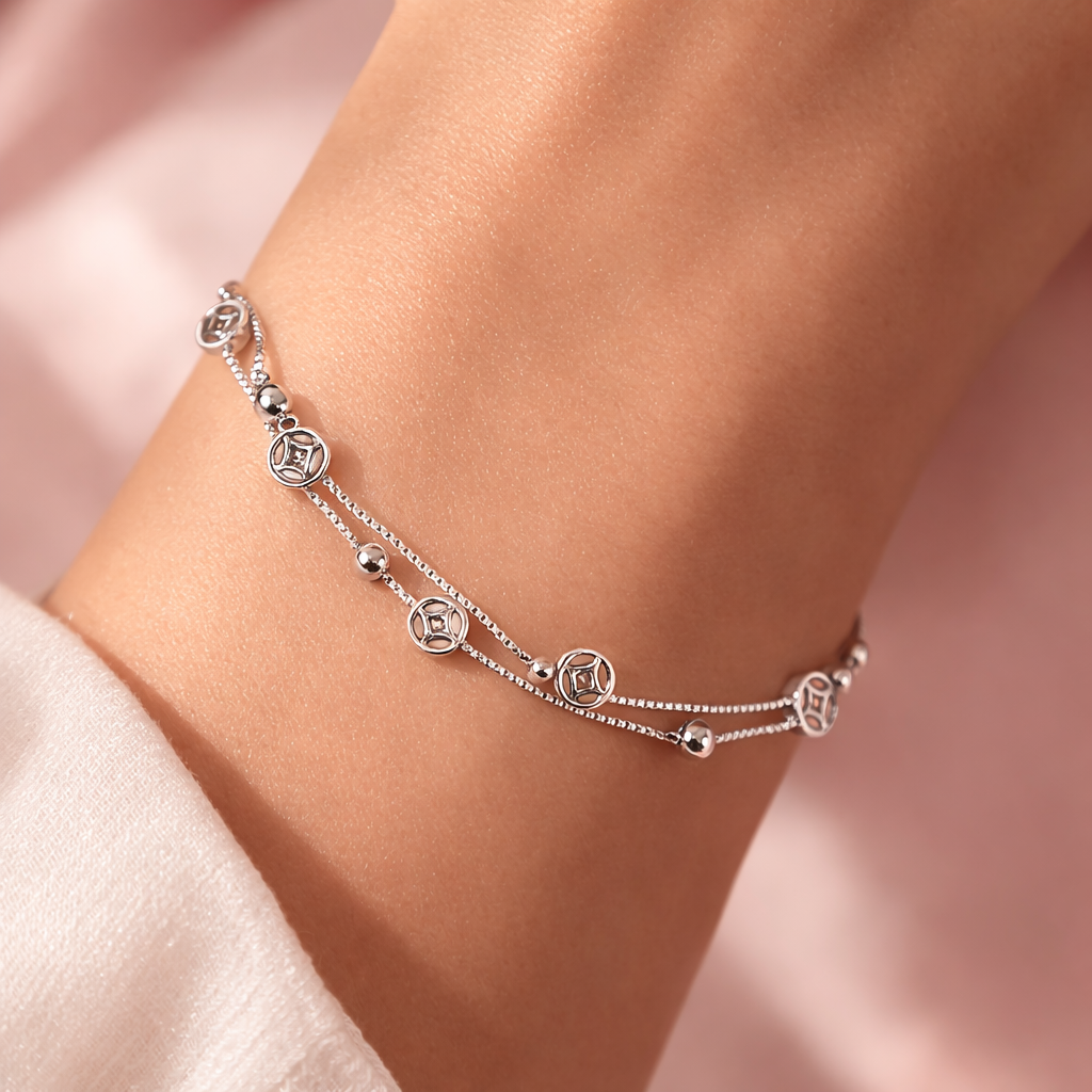 Elegant Silver Double Chain Charm Adjustable Bracelet