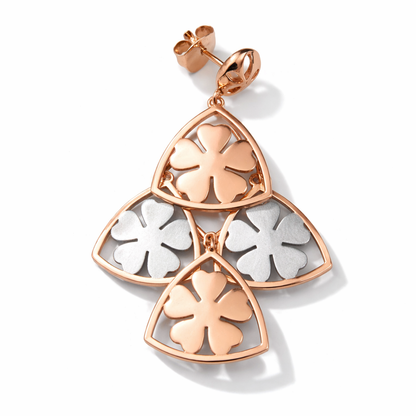 Dual Tone Floral Clover Drop – Rose Gold & Silver Statement Earrings | Elegant Lightweight Design