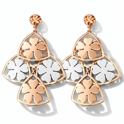 Dual Tone Floral Clover Drop – Rose Gold & Silver Statement Earrings | Elegant Lightweight Design