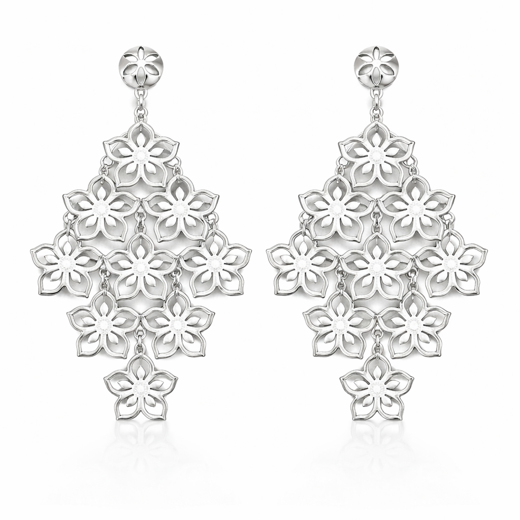 925 Sterling Silver Floral Chandelier – Elegant Flower Statement Drop Dangle Earrings for Women