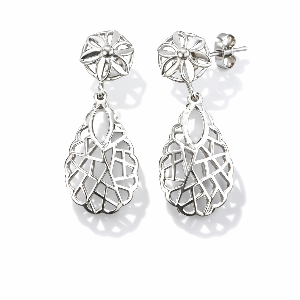 Sterling Silver Laser Cut Floral Dangle Earrings | Lightweight Silver Jewellery Gift for Women