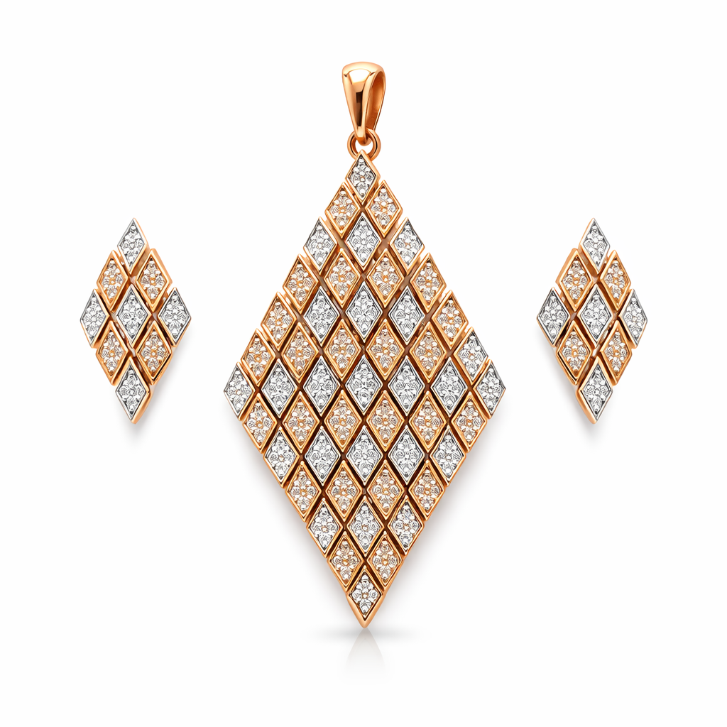 Jewelry set with diamond-patterned pendant and earrings on a white background