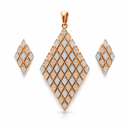 Jewelry set with diamond-patterned pendant and earrings on a white background