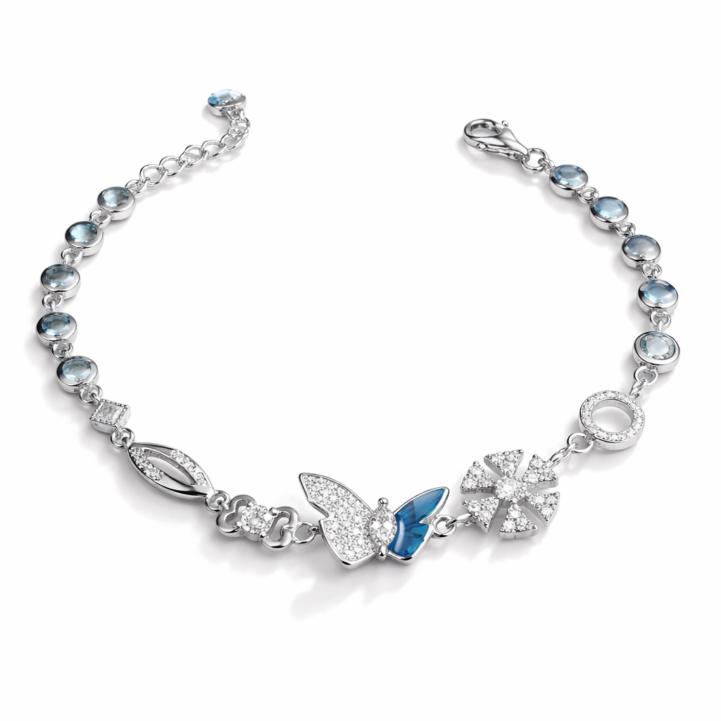 Sterling Silver Blue Butterfly Charm Bracelet | Floral Design – Adjustable