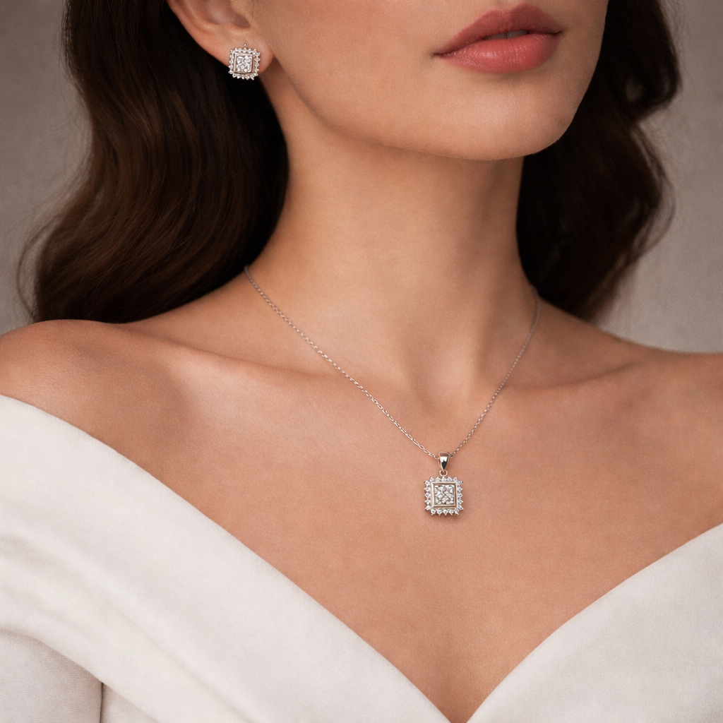 925 Sterling Silver Square Halo Pendant Set with CZ Stones