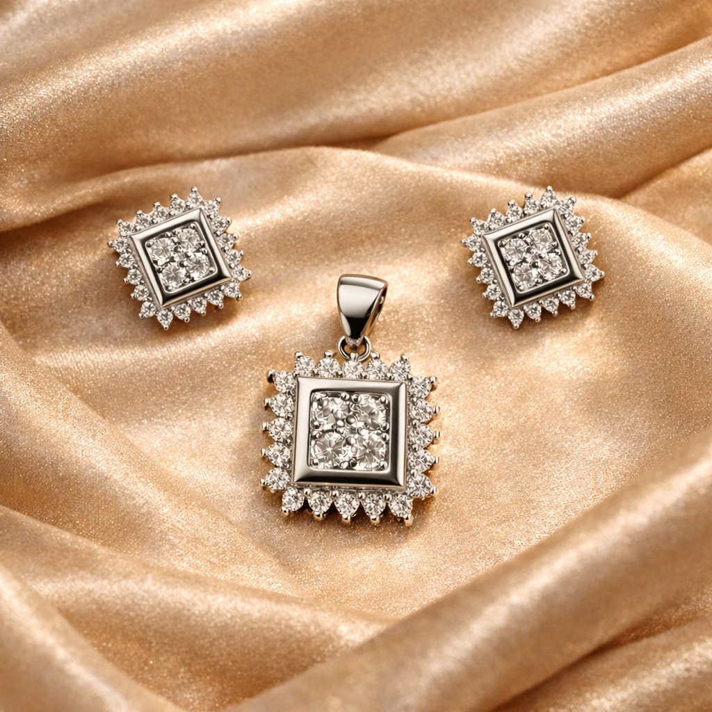925 Sterling Silver Square Halo Pendant Set with CZ Stones