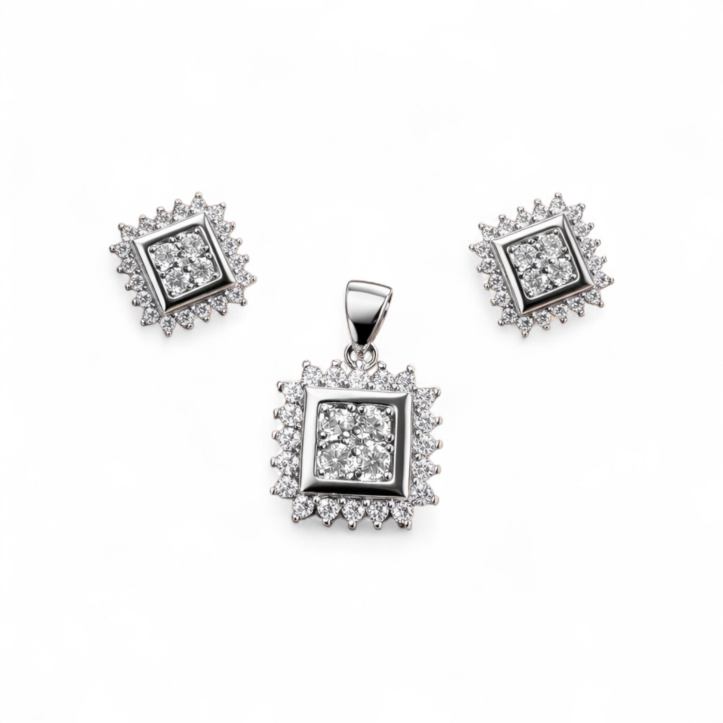 925 Sterling Silver Square Halo Pendant Set with CZ Stones