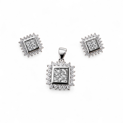 925 Sterling Silver Square Halo Pendant Set with CZ Stones