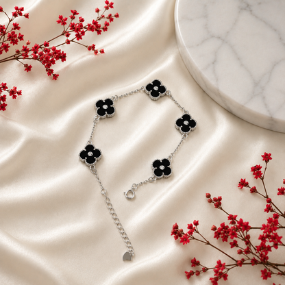 Sterling Silver Adjustable Black Clover Bracelet for Women | Black Enamel & Cubic Zirconia Luxury Bracelet
