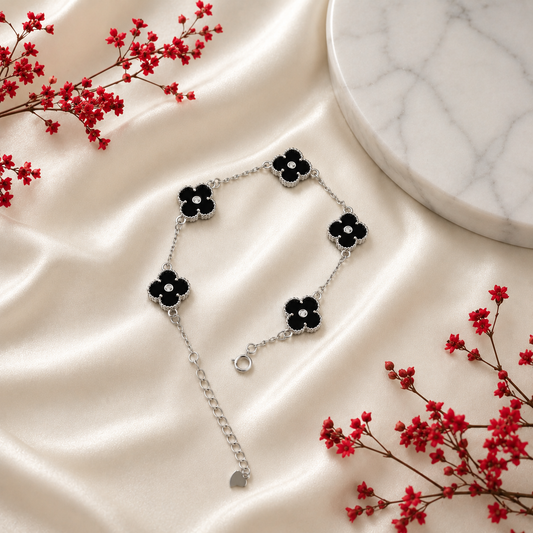 Sterling Silver Adjustable Black Clover Bracelet for Women | Black Enamel & Cubic Zirconia Luxury Bracelet