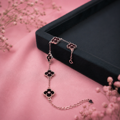 Sterling Silver Adjustable Black Clover Bracelet for Women | Black Enamel & Cubic Zirconia Luxury Bracelet