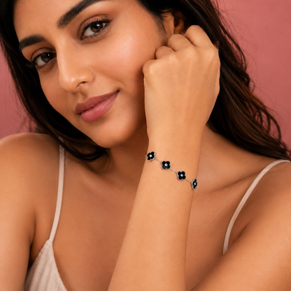 Sterling Silver Adjustable Black Clover Bracelet for Women | Black Enamel & Cubic Zirconia Luxury Bracelet