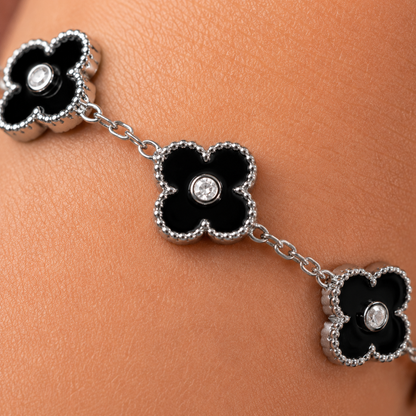 Sterling Silver Adjustable Black Clover Bracelet for Women | Black Enamel & Cubic Zirconia Luxury Bracelet