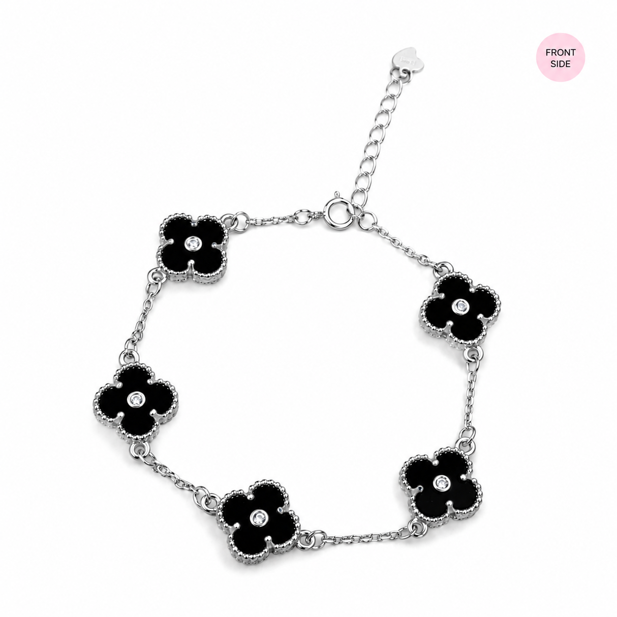 Sterling Silver Adjustable Black Clover Bracelet for Women | Black Enamel & Cubic Zirconia Luxury Bracelet