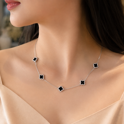 Sterling Silver Adjustable Black Enamel Five Clover Necklace for Women | Luxury Designer Jewelry