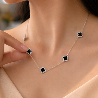 Sterling Silver Adjustable Black Enamel Five Clover Necklace for Women | Luxury Designer Jewelry