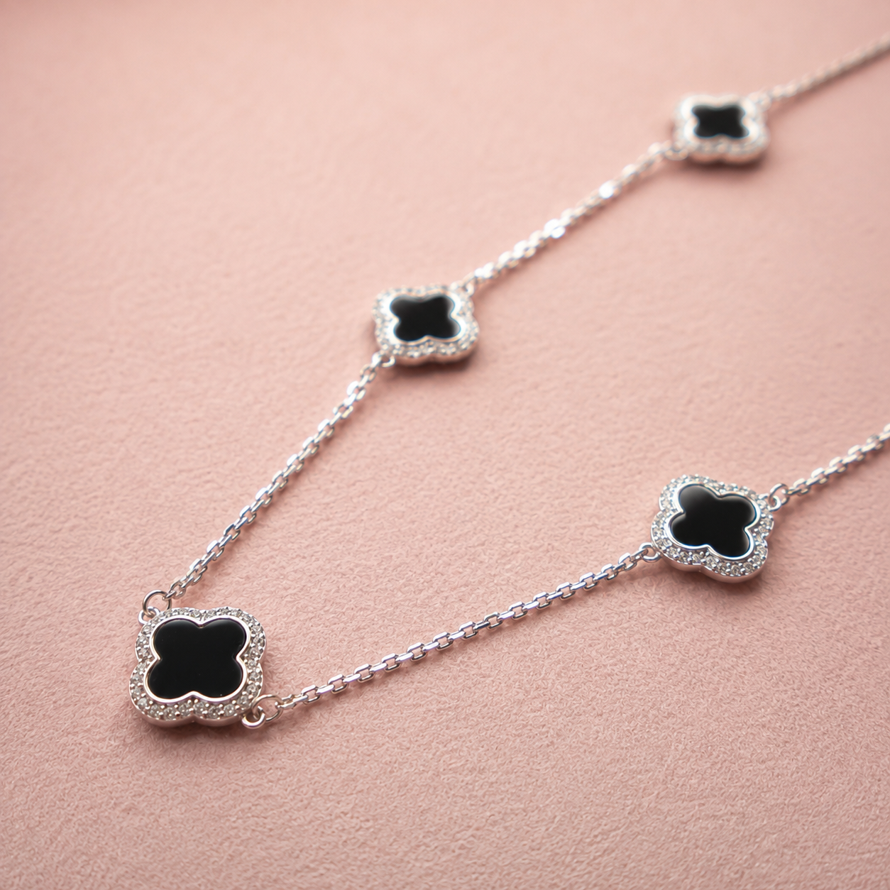 Sterling Silver Adjustable Black Enamel Five Clover Necklace for Women | Luxury Designer Jewelry