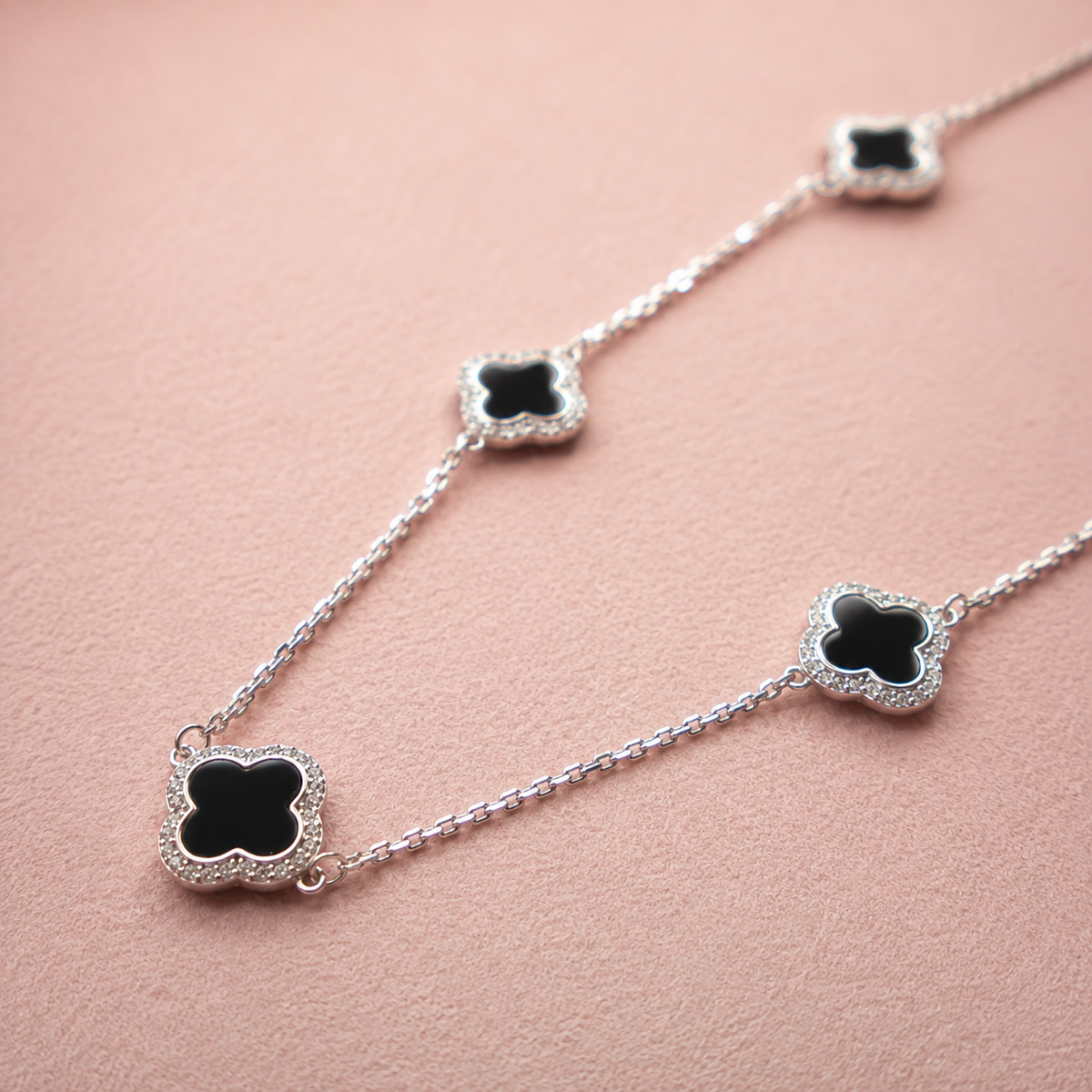 Sterling Silver Adjustable Black Enamel Five Clover Necklace for Women | Luxury Designer Jewelry