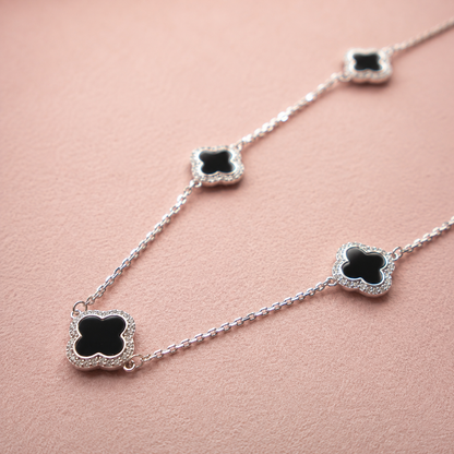 Sterling Silver Adjustable Black Enamel Five Clover Necklace for Women | Luxury Designer Jewelry