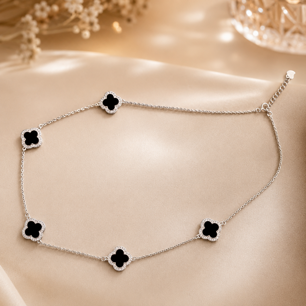 Sterling Silver Adjustable Black Enamel Five Clover Necklace for Women | Luxury Designer Jewelry
